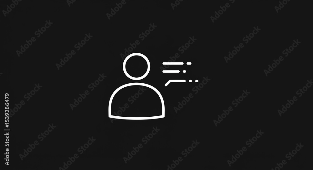 Poster a white outline of a person icon with speech bubbles on a black background minimalistic design style