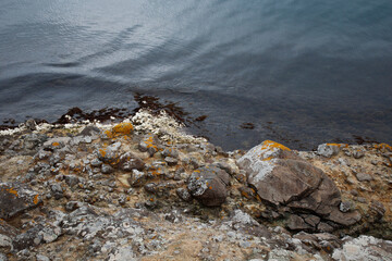 rocky shoreline meeting calm coastal waters