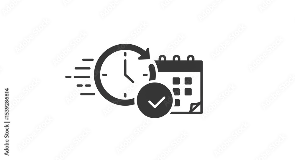 Aufkleber a black and white graphic of a clock with an arrow circling it next to a calendar with a checkmark