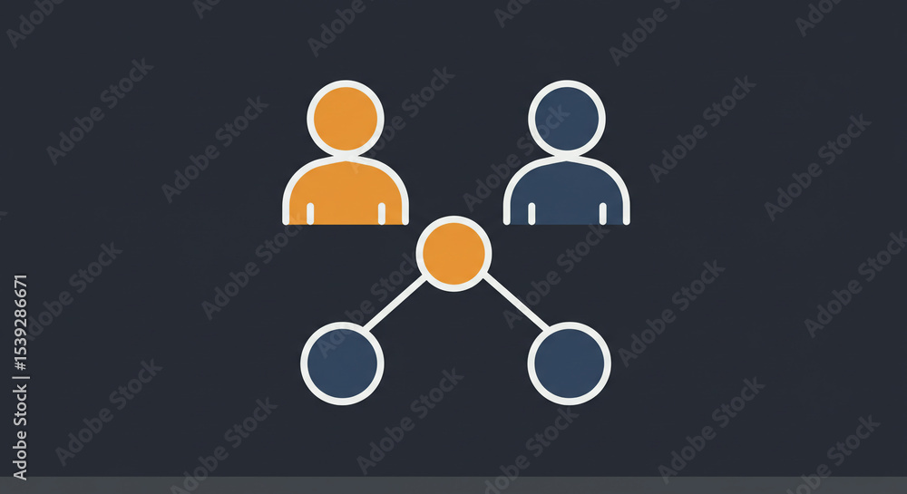 Poster illustration of two people icons connected to two nodes via a central node on a dark background