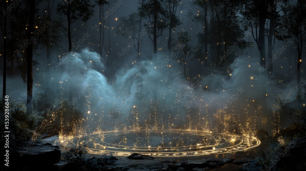 Poster glowing circle in a dark forest with mist and sparkling lights creating a magical atmosphere scene