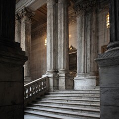 The grandeur of an old building with marble columns and staircases, emphasizing a sense of history and strength
