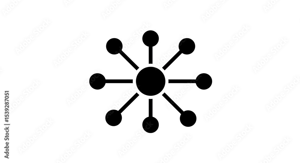 Poster a black network icon with a central circle connected to eight smaller circles on a white background
