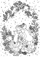 Girl with cat surrounded by flowers Coloring Sheet