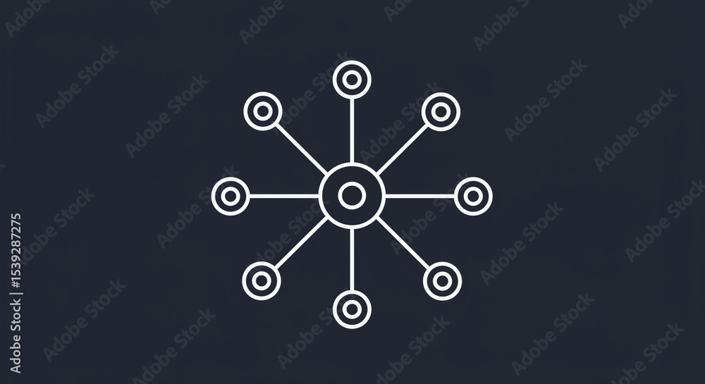 Wall mural a white network diagram with central node and eight connected nodes on a dark blue background