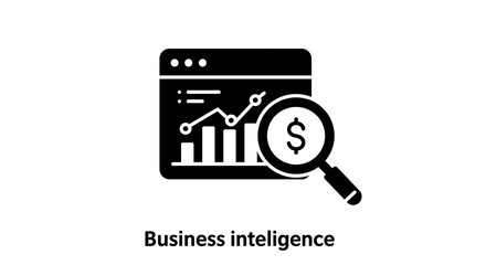 A black and white icon showing a graph, bars, and a magnifying glass with a dollar sign inside it