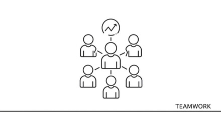 A minimalistic line art illustration showing teamwork and collaborative growth with a central figure and graph