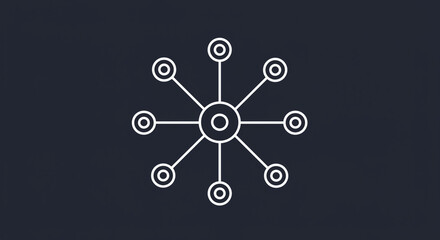 A white network diagram with central node and eight connected nodes on a dark blue background