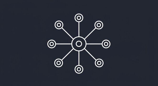 A white network diagram with central node and eight connected nodes on a dark blue background