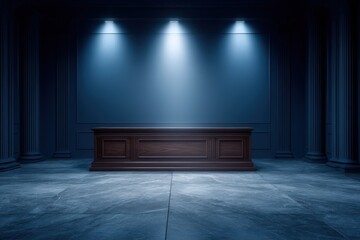 Elegant wooden reception desk illuminated by soft spotlights in an upscale office setting showcasing refined architectural details with a contemporary ambiance reflecting modern professionalism