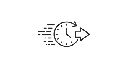 A line drawing of a clock with an arrow indicating fast forward on a white background in a vector format