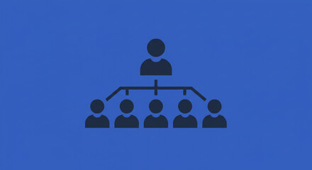 A dark blue hierarchical chart with one person at the top and five people at the bottom on blue background