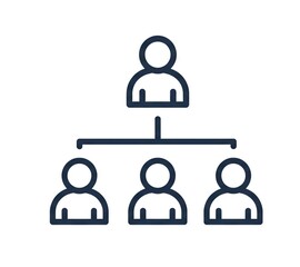 A simple black and white line drawing of an organizational chart on a white square with blue background