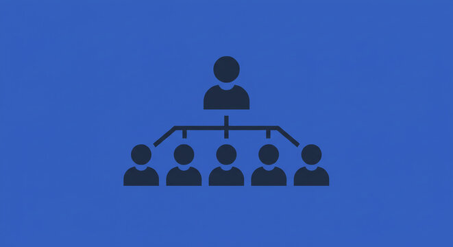 A dark blue hierarchical chart with one person at the top and five people at the bottom on blue background
