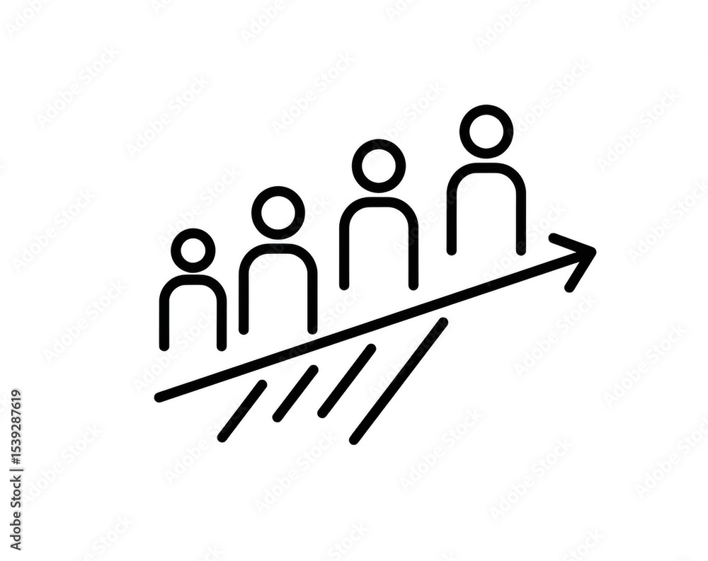 Aufkleber a line drawing showing a group of people progressively growing along an upward pointing arrow shape