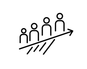 A line drawing showing a group of people progressively growing along an upward pointing arrow shape