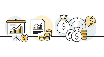 Illustration of financial growth charts, money bags, and coins, representing investment and returns