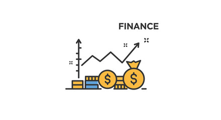 Illustration of financial growth with upward trending graph and money bag and coins on white background