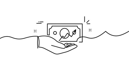 A single line drawing of a hand holding money with a graph indicating financial growth on a white background