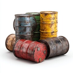 A collection of colorful, aged, and worn metal drums, possibly used for storing hazardous materials or chemicals. The drums exhibit signs of rust and wear