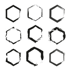 Rough hexagon frame. Grunge vector shape. Textured ink border. Bold artistic outline.