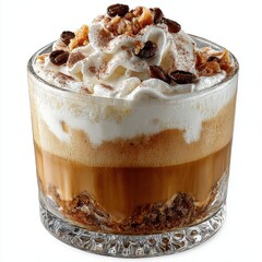 Coffee Dessert with Whipped Cream and Caramel Topping on White