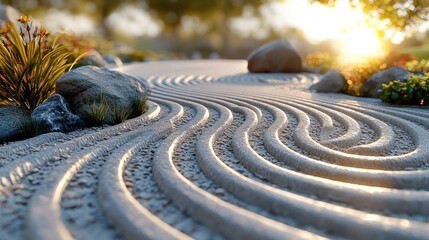 Obraz premium Serene Zen garden at dawn. Sunlight streams onto intricate sand patterns