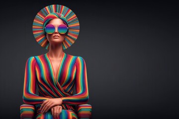 Obraz premium A vibrant female model with colorful striped attire and oversized sunglasses exuding a bold and confident presence against a dark background emphasizing modern artistic expression and