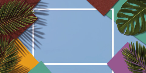 A flat lay composition featuring geometric shapes and palm leaves on the edges, with a white rectangular frame in the center against a blue background. The colors include green, brown, purple, orange,