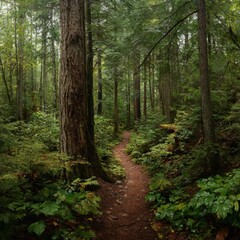 Obraz premium A winding forest trail leads through a lush, green woodland