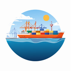 A cargo ship docked at a port, surrounded by cranes and a bridge, in a stylized illustration.