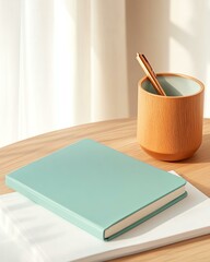 A serene workspace featuring a pastel green notebook and a wooden pencil holder, bathed in soft natural light, perfect for inspiring creativity.