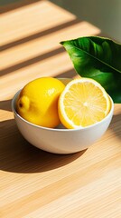Fresh lemons sit in a white bowl on a wooden surface, illuminated by soft sunlight, showcasing their vibrant color and juicy texture.