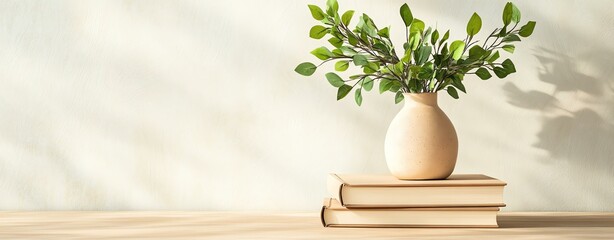 A serene arrangement featuring a stylish vase with greenery atop a stack of books, casting soft shadows on a minimalistic background.