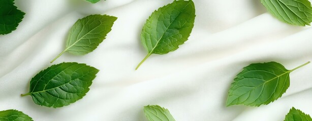 A collection of fresh green leaves arranged artistically on a soft white background, showcasing their vibrant color and natural beauty.