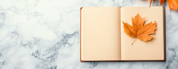 An open notebook with a vibrant autumn leaf placed on the pages, set against a marble background. Perfect for seasonal inspiration and creativity.