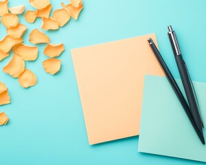 A vibrant flat lay of stationery items featuring colored sticky notes and pens surrounded by delicate flower petals, perfect for creative inspiration.