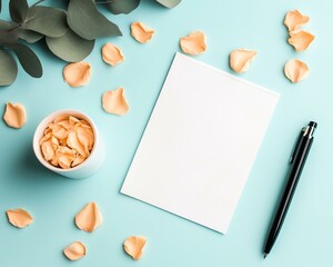 An aesthetic workspace featuring a blank sheet of paper, a pen, and scattered flower petals, creating a calm and creative atmosphere.
