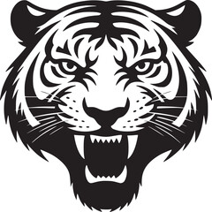 Fototapeta premium Close up black and white vector graphic of a tiger head with visible teeth and intense eyes staring