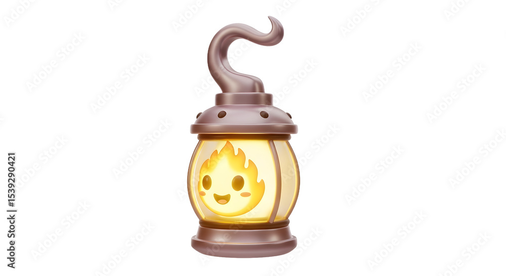 Poster animated lantern 3d render with smiling face and glowing flame against a transparent background