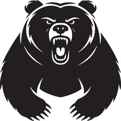 A black bear with an open mouth and sharp teeth on a light brown background in a vector graphic style