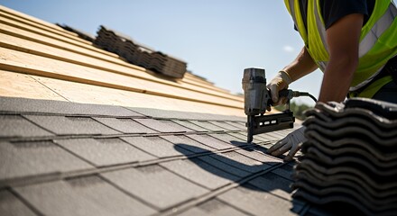 Roofer Installing Gray Shingles with Nail Gun on Sunny Roof