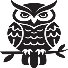 A stylized black owl perched on a branch with leaves against a light gray background vector art