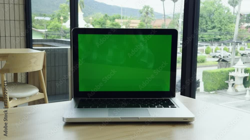Poster laptop with green screen on a table in a bright office setting, featuring a scenic view through larg