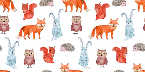 Cute woodland watercolor seamless pattern with cheerful forest animals. Funny hand drawn watercolour print with fox and squirrel, hare, owl and hedgehog for kids textile, surface design, wallpaper © Tatahnka