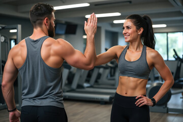 A fit man and woman in athletic wear high-fiving in a modern gym setting.