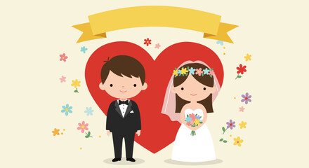 Two children in wedding attire standing side by side with a red heart and colorful flowers