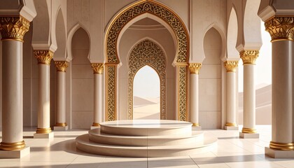 Ornate archway podium overlooking desert landscape