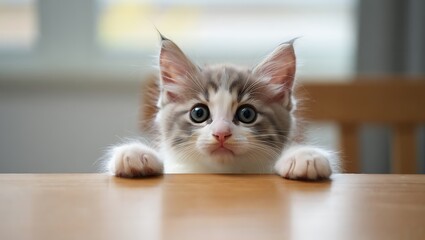 Adorable Kitten Peeking Over Table A Charming Pet Photo