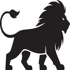 A silhouette of a lion standing on a light background with a curled tail and a thick mane of hair